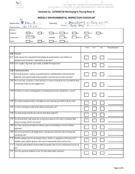 Tseung Kwan O Inspection Checklist Dec 20187